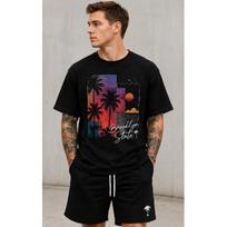 men's black short sleeve t-shirt with retro sunset palm tree graphic print, crew neck relaxed fit soft cotton feel for casual summer streetwear S