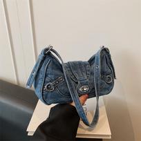 Yogodlns Trend Y2K Retro Denim Shoulder Bag Spicy Girl Underarm Bag Denim Handbag Simple Fashion Armpit Bag Shopping Bags 26x8x14cm gray