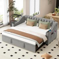 Upholstered sofa bed, 90/180*190 cm, wider and thicker armrests with USB charging port, integrated storage, with slatted frame, velvet fabric, gray 215 x 98.5 x 78.5 cm
