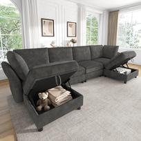 Modulinė U-/L formos kampinė sofa, konfigūruojama 6 vietų su daiktadėže-pufiku, „Debesies“ dizainas, veliūro audinys, svetainei, butui ir miegamajam, pilka. 289 x 137 x 84 cm pilka