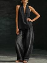 Retro American wear personalized imitation denim top loose wide-leg jeans women's European and American style two-piece set S