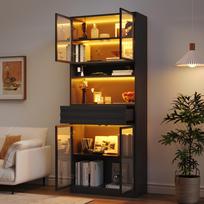 Display Cabinet 80 x 35 x 200 cm made of MDF, Bookcase with 4 Glass Doors, 1 Drawer, App-controlled RGB LED Lighting, Black 80 x 35 x 200 cm juoda