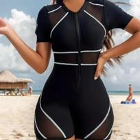 Short Sleeve Surfing Suit Black One Piece Swimsuit Women 2026 Patchwork Sexy Soft Swimwear Sporty Swimwear Zippy Bathing Suit S balta