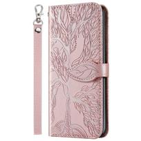 Applicable to iPhone16 mobile phone leather case S25 tree of life embossed card wallet hand rope case protective case 17Pro Other models rožinė