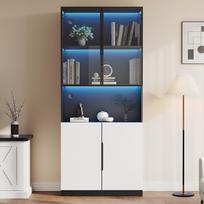 Minimalist display cabinet with glass doors, LED lights, bookshelf for collectibles, white doors with black decoration, 80*30*200cm balta