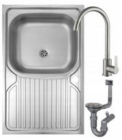 Single-Bowl Steel Sink with Faucet Hole & Faucet & Siphon, 80x60
