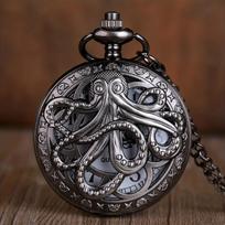 Black hollow retro animal pocket watch, cute octopus necklace quartz pocket watch juoda