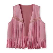 Suede Tassel Vest Women's 70s Hippie Outfit Sleeveless Open Front Vest Western Jacket S pink