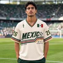 2026 Summer Mexico  Soccer Retro Football Jersey V-neck Soccer Shirt Men's  Vintage Casual Sports Tee for Fans Kids Adults M white