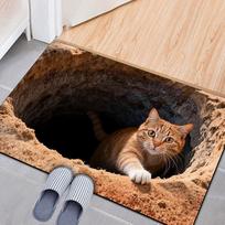 3D Optical Illusion Cat Round Hole Door Mat Daily Home Absorbent Anti-slip Carpet Living Room Bedroom Bathroom Doorway Decor Rug 40cm x 60cm black