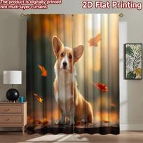2D flat printing 2pcs Window Curtains Cute Corgi Autumn Leaves Digital Printed Polyester Drapes Festive Wall Decor Perfect for 100×220