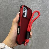 Slide Camera Protection With Wrist Strap Lanyard Phone Case For For Iphone 16 15 14 Plus 11 12 13 Pro Max Shockproof Bumper Cover For iPhone 12 ProMax&Case & Strap black