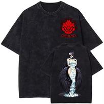 Albedo Overlord Anime Men's Vintage Y2K Washed Loose Crew Neck Pure Cotton Summer Short Sleeve T-Shirt L black