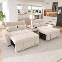 U formos sofa-lova, dvigulė ištraukiama, reguliuojama atlošas, vieta augintiniui, staliukas su 2 puodelių laikikliais, 4 pagalvės, šenilas, smėlio spalvos, 284×138×89 cm 284 x 138 x 89 cm smėlis
