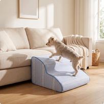 Supportive Pet Stair Ramp with Foam | Gentle Curved Steps, Woven Texture, for Bed 2-step_Blue Plaid beige