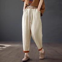 Summer Women's Casual Nine-Point Loose Fit Harem Pants - Retro Cotton and Linen Blend L smėlis