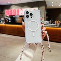 Strap Case For iPhone 15 14 13 12 17 Pro Max 16 Plus Magsafe Crossbody Lanyard Shockproof Clear Magnetic Wireless Charging Cover For iPhone 14 Pro white