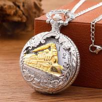 Antique Steam Train Design Pocket Watch with Chain Necklace Vintage Quartz Pendant Watches Clock Chain Mens Women white