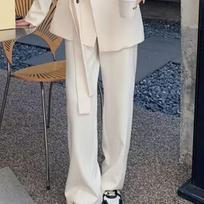 Women's Spring/Autumn Tie-Up Blazer & Wide-Leg Pants Set - Trendy Loose Casual Suit L black