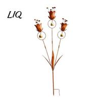 Decorative Metal Garden Pillars Flame Copper Lily Tulip Stake with Wind Chime Bells, Rustic Weatherproof Flower Yard Art Decor for Lawn Patio