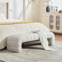 Modern Armless Chenille Upholstered Bed Bench with Grooved Upholstery, Chaise Longue & Ottoman for Living Room, Bedroom, Entryway, Ivory 160 x 51 x 45 cm