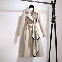 Women's Long Trench Coat Double Breasted Belted Windbreaker With Scarf Autumn Outwear XL gray