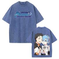 Rem And Natsuki Subaru Couple Print T-shirt Anime Re ZERO Clothing Men Women Cotton Tshirts Retro Washed T Shirt Oversized Tops S