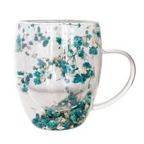 1/2 vnt. 350 ml puodelis su džiovintomis gėlėmis, dviguba sienele, izoliuotas kavos puodelis su rankena, espreso, latte, kapučino, pieno, sulčių, arbatos, vandens gėrimo puodelis 350ml B white