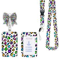 Work Card Case Nylon Trendy Badge Holder Colorful Leopard Lanyard Glitter Bow Reel Nurse Supplies ID Badge Holder School Tool rožinė