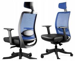 Biuro kėdė NALURI 3, juoda/mėlyna, tinklelis, odinė, ergonomiška, su pasukamu mechanizmu