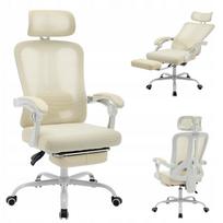 Ergonominė biuro kėdė su kojų atrama ir galvos atlošu, balta, 360° pasukama
