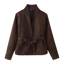 Autumn and winter new retro women's clothing design sense temperament casual suede belt long-sleeved jacket S