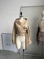 American Khaki Hooded Windbreaker Jacket with Double Belt Waist and Bubble Sleeves S gray