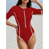Slim Rush Guard Half Sleeve Surfing Swimsuit Women With Zipper Solid Swimwear Female Bathers Bathing Swimming Swim Suit XXL S raudona