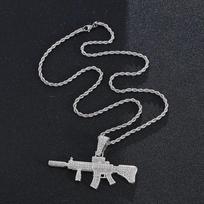 Šautuvo pakabukas ant kaklo, Hip Hop kariniai papuošalai, Cirkonio ginklo pakabukas ant nerūdijančio plieno grandinėlės, Dovana vyrui WHITE black