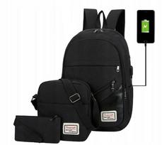 Juodas 3 viename mokyklinis kuprinės rinkinys su maišeliu, kosmetine ir USB, unisex