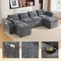 Modular 4-Seater Sofa (2 Footstools), Cushion, Cup Holder, 2 Side Pockets, Foam/Spring Core. Freely Combinable(gray Chenille Fabric) tamsiai pilka spalva