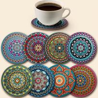 8Pcs Wooden Mandala Coasters, 3.94 x 3.94 Inch Decorative Drink Coasters for Home, Office, Bar & Holiday Gatherings 8pcs