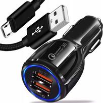 Automobilinis įkroviklis su dviem USB Quick Charge 3.0 lizdais ir 120 cm 3-in-1 laidu (Lightning, Micro USB, USB-C)