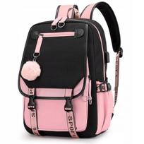 Mokyklinė kuprinė BLACK PINK su USB jungtimi ir pomponu