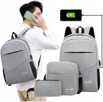 Mokyklinė kuprinė 3in1, pilka, su USB, talpi, nešiojamam kompiuteriui ir kelionėms