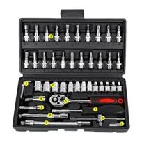 46/53PCS 1/4 Inch Drive Socket Ratchet Wrench Screwdriver Set with Driver Bit Socket Metric and Extension Rod for Car Repair gray