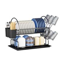 Stainless Steel Dish Drying Rack 2 Tier Kitchen Storage Rack with Rust-Resistant Coating Large Utensil Holder Drainage System Dishes Cups juoda