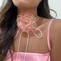 IngeSight.Z Elegant Big Rose Flower Lace Choker Collar Necklace for Women Dinner Party Rope Wax Thread Necklace Y2K Jewelry rožinė