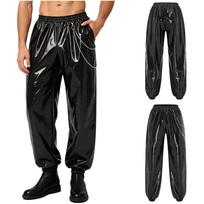 PU odos sportinės kelnės vyrams Blizgios, Elastingas juosmuo Metalinė grandinėlė Šoninės kišenės Punk kelnės Clubwear Streetwear M juoda