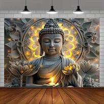 Giant Buddha Statue and Lotus Pattern Tapestry - Polyester Wall Hanging for Living Room and Bedroom Home Decoration 47.2x31.5inch/120*80cm gray