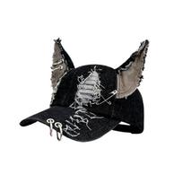 Y2K Rėžta Džinsinė Beisbolo Kepurė Šuniuko Triušio Ausys Snapback Kepurė Grandinėlės Dobermano Ausys Kepurė Vyrams Doberman Ears black