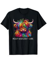 Colorful Highland Cow Messy Hair Don't Care Graphic T-shirt L blue