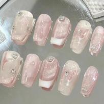 24Pcs Cat Eye Leopard Print Press On Nails Mid Length Ballet Shape With Rhinestone Detachable Full Cover False Nail Tips
