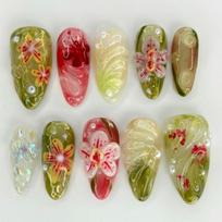 24Pcs Green Almond Press On Nails With Flower Pearl Design Long Fake Nail Tips Finished Manicure beige